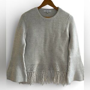 Ribbed Knit cotton sweater, Fringe hem, Boho Flare Sleeves